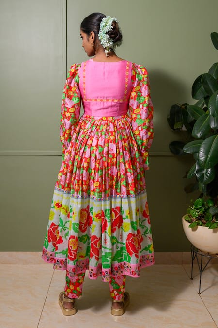 Shop Prachi Kamat Red Organza, Chanderi Embroidery Crew Neck Gulbahar Print Anarkali Set at Aza Fashions Shop_Prachi Kamat_Red Organza, Chanderi Embroidery Crew Neck Gulbahar Print Anarkali Set _at_Aza_Fashions