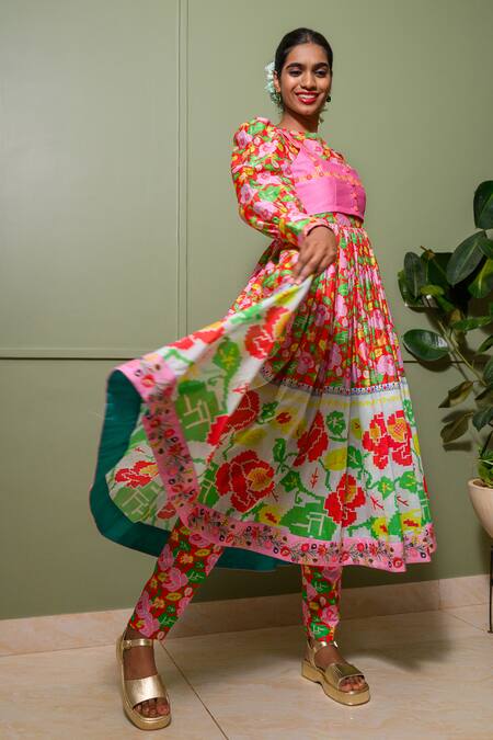 Buy Prachi Kamat Red Organza, Chanderi Embroidery Crew Neck Gulbahar Print Anarkali Set Online at Aza Fashions Buy_Prachi Kamat_Red Organza, Chanderi Embroidery Crew Neck Gulbahar Print Anarkali Set _Online_at_Aza_Fashions