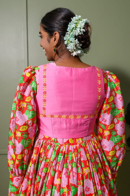 Shop Prachi Kamat Red Organza, Chanderi Embroidery Crew Neck Gulbahar Print Anarkali Set Online at Aza Fashions Shop_Prachi Kamat_Red Organza, Chanderi Embroidery Crew Neck Gulbahar Print Anarkali Set _Online_at_Aza_Fashions