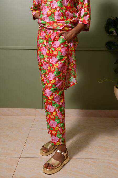 Shop_Prachi Kamat_Red Chanderi, Linen Boat Neck Gullista Print Kaftan With Pant _Online_at_Aza_Fashions