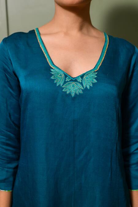 Prachi Kamat Blue Chanderi, Linen, Satin Embroidery Choker Neck Kamal Back Kurta Pant Set at Aza Fashions Prachi Kamat_Blue Chanderi, Linen, Satin Embroidery Choker Neck Kamal Back Kurta Pant Set _at_Aza_Fashions