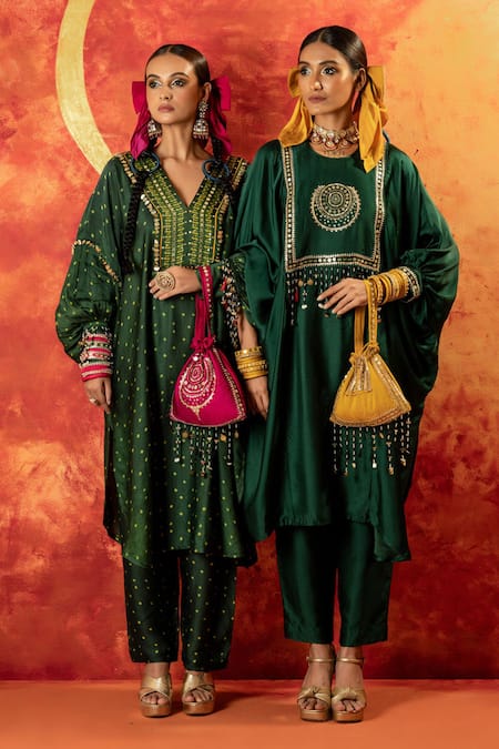 Prahnaaya Green Handloom Cotton, Satin Sequins, Hira Ajrakh Hand Kurta With Pant Online at Aza Fashions Prahnaaya_Green Handloom Cotton, Satin Sequins, Hira Ajrakh Hand Kurta With Pant _Online_at_Aza_Fashions