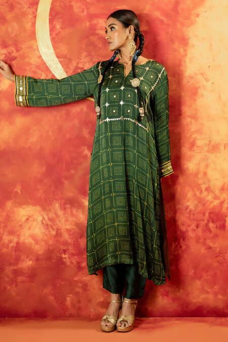 Buy Prahnaaya Green Satin Zari, Sequins Sitara Ajrakh Hand Embroidered Kurta With Pant Online at Aza Fashions Buy_Prahnaaya_Green Satin Zari, Sequins Sitara Ajrakh Hand Embroidered Kurta With Pant _Online_at_Aza_Fashions