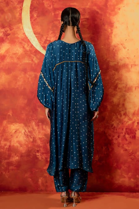 Shop_Prahnaaya_Blue Satin Zari V-neck Hira Ajrakh Hand Blocked Kurta With Pant _at_Aza_Fashions