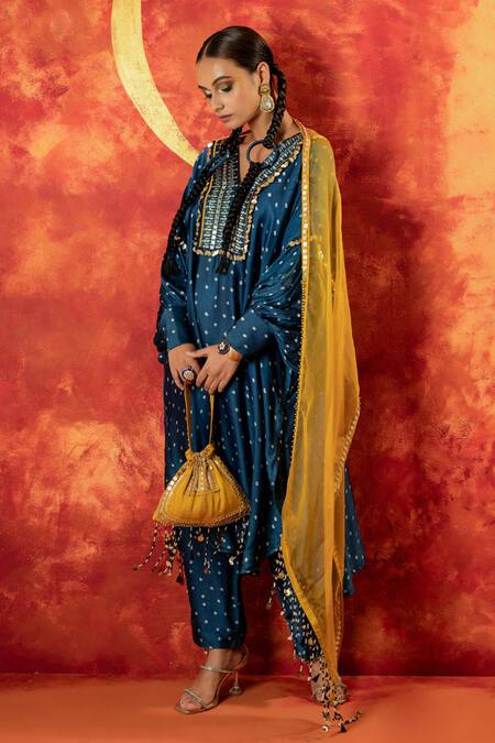 Buy Prahnaaya Blue Silk Organza, Satin Sequins, Zari, Hira Ajrakh Hand Blocked Kurta Set Online at Aza Fashions Buy_Prahnaaya_Blue Silk Organza, Satin Sequins, Zari, Hira Ajrakh Hand Blocked Kurta Set _Online_at_Aza_Fashions