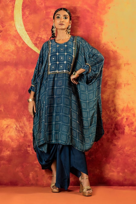 PRAHNAAYA Sitara Ajrakh Hand Blocked Kurta With Draped Skirt 