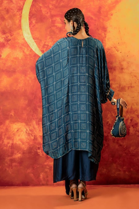 Shop Prahnaaya Blue Satin Zari Round Neck Sitara Ajrakh Hand Blocked Kurta With Draped Skirt at Aza Fashions Shop_Prahnaaya_Blue Satin Zari Round Neck Sitara Ajrakh Hand Blocked Kurta With Draped Skirt _at_Aza_Fashions