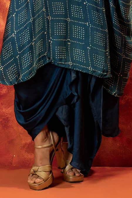 Prahnaaya Blue Satin Zari Round Neck Sitara Ajrakh Hand Blocked Kurta With Draped Skirt Online at Aza Fashions Prahnaaya_Blue Satin Zari Round Neck Sitara Ajrakh Hand Blocked Kurta With Draped Skirt _Online_at_Aza_Fashions