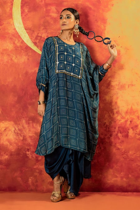 Buy Prahnaaya Blue Satin Zari Round Neck Sitara Ajrakh Hand Blocked Kurta With Draped Skirt Online at Aza Fashions Buy_Prahnaaya_Blue Satin Zari Round Neck Sitara Ajrakh Hand Blocked Kurta With Draped Skirt _Online_at_Aza_Fashions