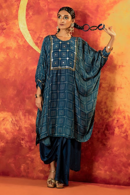 Shop Prahnaaya Blue Satin Zari Round Neck Sitara Ajrakh Hand Blocked Kurta With Draped Skirt Online at Aza Fashions Shop_Prahnaaya_Blue Satin Zari Round Neck Sitara Ajrakh Hand Blocked Kurta With Draped Skirt _Online_at_Aza_Fashions