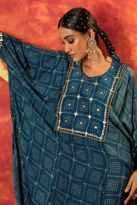 Prahnaaya Blue Satin Zari Round Neck Sitara Ajrakh Hand Blocked Kurta With Draped Skirt at Aza Fashions Prahnaaya_Blue Satin Zari Round Neck Sitara Ajrakh Hand Blocked Kurta With Draped Skirt _at_Aza_Fashions