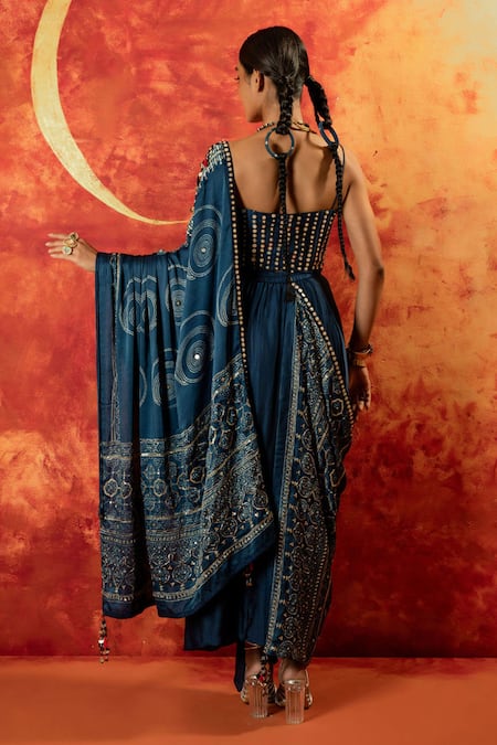 Shop_Prahnaaya_Blue Satin, Velvet Pearls, Zari, Luna Corset Blouse With Detachable Drape _at_Aza_Fashions