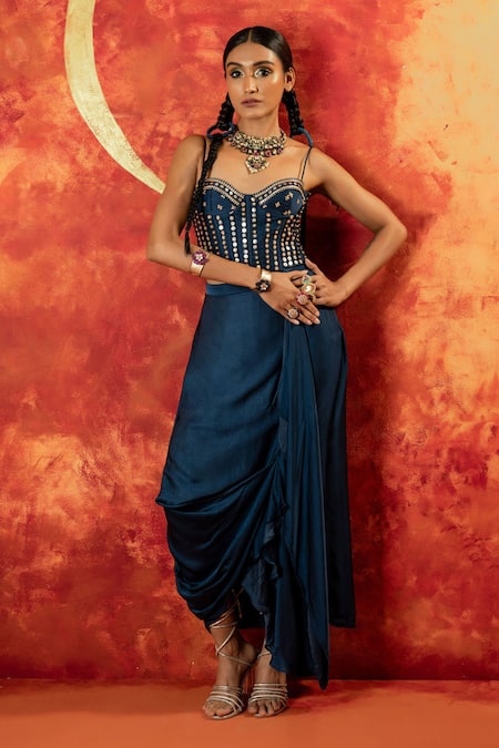 Prahnaaya_Blue Satin, Velvet Pearls, Zari, Luna Corset Blouse With Detachable Drape _Online_at_Aza_Fashions