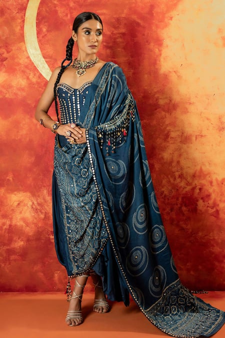 Shop_Prahnaaya_Blue Satin, Velvet Pearls, Zari, Luna Corset Blouse With Detachable Drape _Online_at_Aza_Fashions