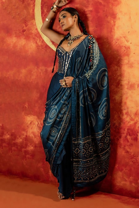 Prahnaaya_Blue Satin, Velvet Pearls, Zari, Luna Corset Blouse With Detachable Drape _at_Aza_Fashions