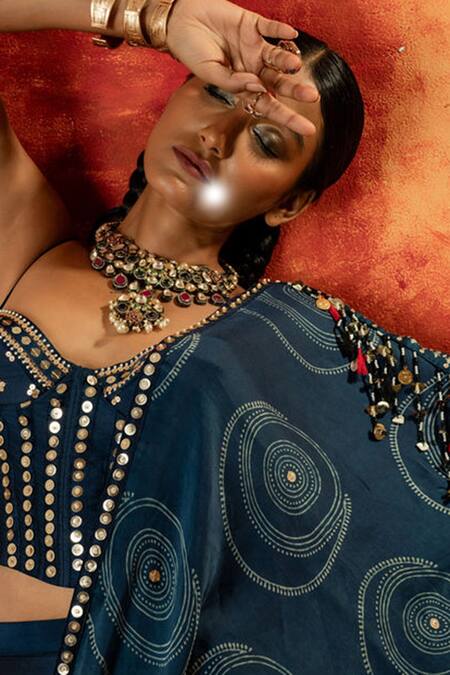 Buy_Prahnaaya_Blue Satin, Velvet Pearls, Zari, Luna Corset Blouse With Detachable Drape 