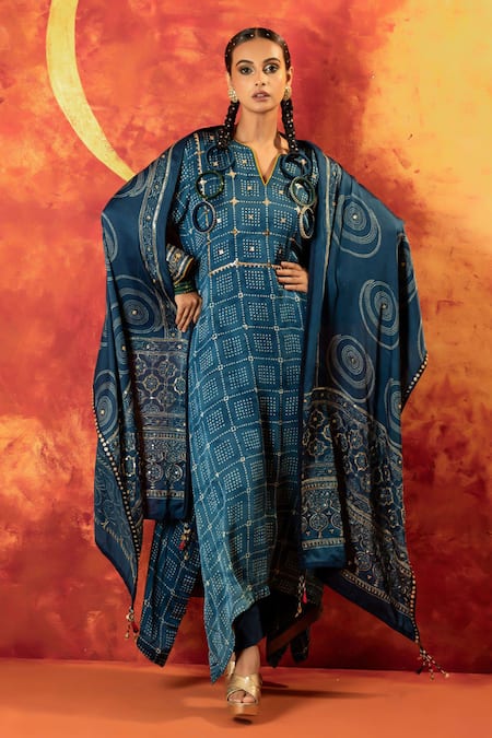 PRAHNAAYA Blue Kurta Handblocked Ajrakh Satin Silk Hand Embroidered Heena Pant Set 