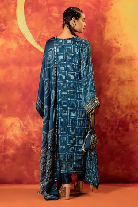 Shop_Prahnaaya_Blue Satin, Silk Embroidery Split Heena Ajrakh Hand Blocked Kurta Pant Set _at_Aza_Fashions