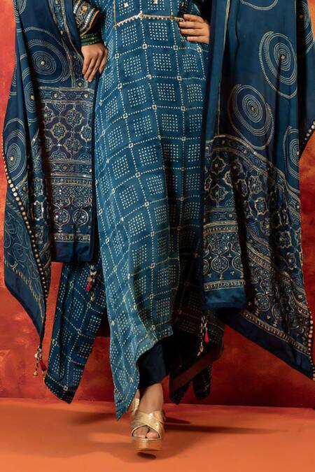 Shop_Prahnaaya_Blue Satin, Silk Embroidery Split Heena Ajrakh Hand Blocked Kurta Pant Set _Online_at_Aza_Fashions