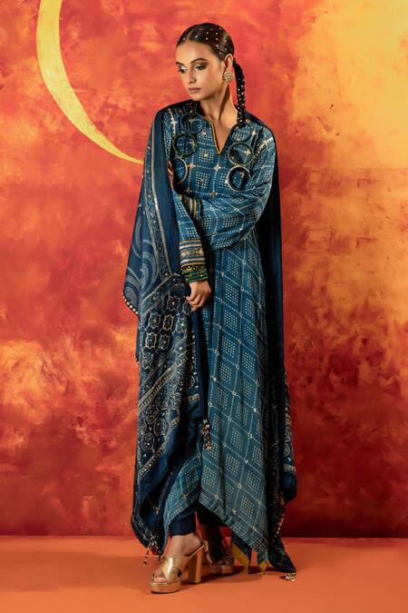 Prahnaaya_Blue Satin, Silk Embroidery Split Heena Ajrakh Hand Blocked Kurta Pant Set _at_Aza_Fashions