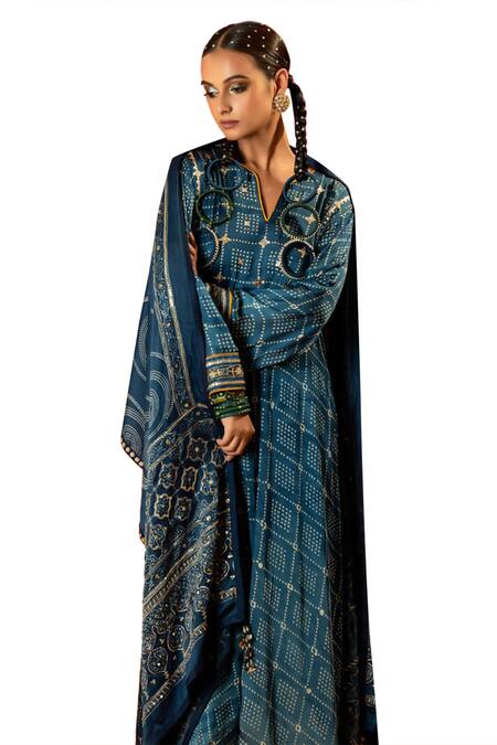 Buy_Prahnaaya_Blue Satin, Silk Embroidery Split Heena Ajrakh Hand Blocked Kurta Pant Set 