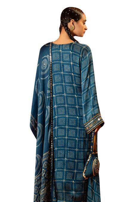 Shop_Prahnaaya_Blue Satin, Silk Embroidery Split Heena Ajrakh Hand Blocked Kurta Pant Set 