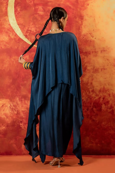 Shop Prahnaaya Blue Velvet, Viscose Sequins, Saba Festive Hand Blocked Kaftan Tunic With Skirt at Aza Fashions Shop_Prahnaaya_Blue Velvet, Viscose Sequins, Saba Festive Hand Blocked Kaftan Tunic With Skirt _at_Aza_Fashions