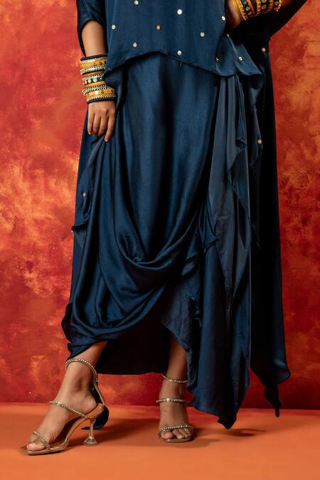 Prahnaaya Blue Velvet, Viscose Sequins, Saba Festive Hand Blocked Kaftan Tunic With Skirt Online at Aza Fashions Prahnaaya_Blue Velvet, Viscose Sequins, Saba Festive Hand Blocked Kaftan Tunic With Skirt _Online_at_Aza_Fashions