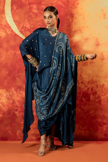 PRAHNAAYA Blue Kaftan Tunic And Skirt Vegan Satin Hand Saba Set With Detached Drape 