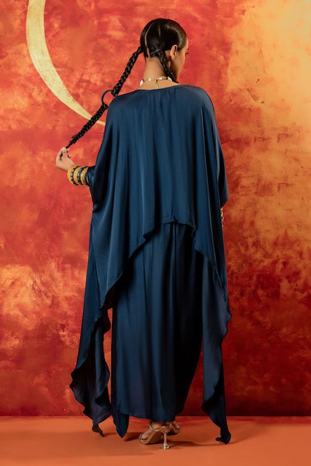 Shop Prahnaaya Blue Satin Sequins, Pearls V-neck Saba Kaftan Tunic Set With Detached Drape at Aza Fashions Shop_Prahnaaya_Blue Satin Sequins, Pearls V-neck Saba Kaftan Tunic Set With Detached Drape _at_Aza_Fashions