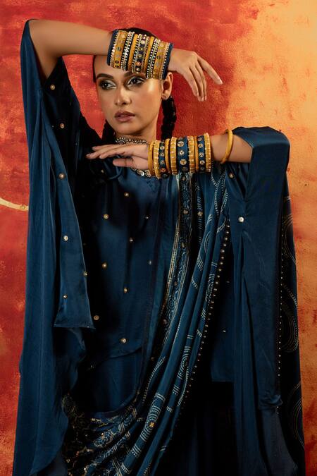 Prahnaaya Blue Satin Sequins, Pearls V-neck Saba Kaftan Tunic Set With Detached Drape Online at Aza Fashions Prahnaaya_Blue Satin Sequins, Pearls V-neck Saba Kaftan Tunic Set With Detached Drape _Online_at_Aza_Fashions