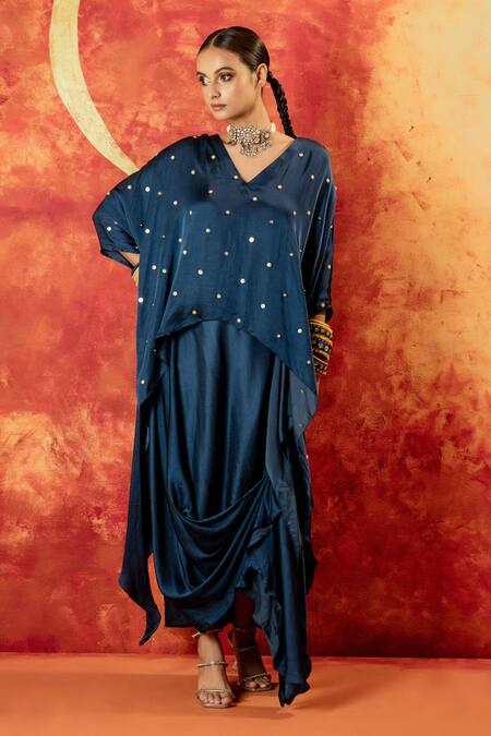 Buy Prahnaaya Blue Satin Sequins, Pearls V-neck Saba Kaftan Tunic Set With Detached Drape Online at Aza Fashions Buy_Prahnaaya_Blue Satin Sequins, Pearls V-neck Saba Kaftan Tunic Set With Detached Drape _Online_at_Aza_Fashions