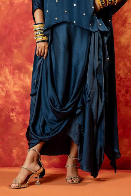 Shop Prahnaaya Blue Satin Sequins, Pearls V-neck Saba Kaftan Tunic Set With Detached Drape Online at Aza Fashions Shop_Prahnaaya_Blue Satin Sequins, Pearls V-neck Saba Kaftan Tunic Set With Detached Drape _Online_at_Aza_Fashions