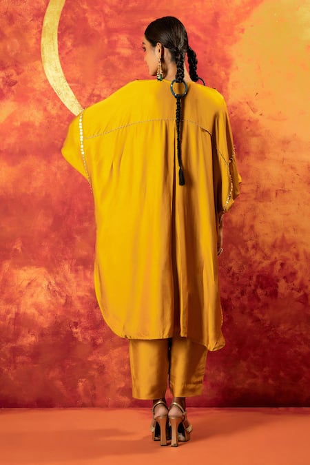 Shop Prahnaaya Yellow Velvet, Viscose Sequins, Beads, Embroidered Yoke Kurta With Straight Pant at Aza Fashions Shop_Prahnaaya_Yellow Velvet, Viscose Sequins, Beads, Embroidered Yoke Kurta With Straight Pant _at_Aza_Fashions