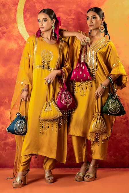 Prahnaaya Yellow Velvet, Viscose Sequins, Beads, Embroidered Yoke Kurta With Straight Pant Online at Aza Fashions Prahnaaya_Yellow Velvet, Viscose Sequins, Beads, Embroidered Yoke Kurta With Straight Pant _Online_at_Aza_Fashions
