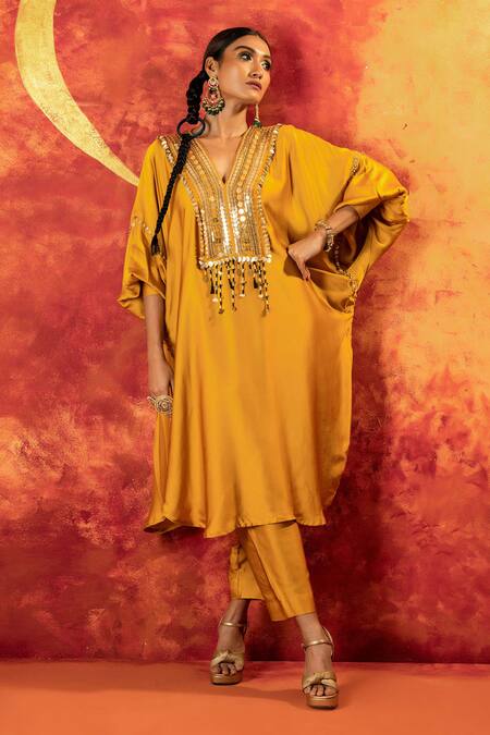 Buy Prahnaaya Yellow Velvet, Viscose Sequins, Beads, Embroidered Yoke Kurta With Straight Pant Online at Aza Fashions Buy_Prahnaaya_Yellow Velvet, Viscose Sequins, Beads, Embroidered Yoke Kurta With Straight Pant _Online_at_Aza_Fashions