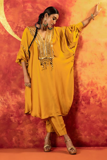 Shop Prahnaaya Yellow Velvet, Viscose Sequins, Beads, Embroidered Yoke Kurta With Straight Pant Online at Aza Fashions Shop_Prahnaaya_Yellow Velvet, Viscose Sequins, Beads, Embroidered Yoke Kurta With Straight Pant _Online_at_Aza_Fashions