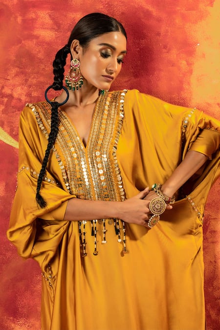 Prahnaaya Yellow Velvet, Viscose Sequins, Beads, Embroidered Yoke Kurta With Straight Pant at Aza Fashions Prahnaaya_Yellow Velvet, Viscose Sequins, Beads, Embroidered Yoke Kurta With Straight Pant _at_Aza_Fashions