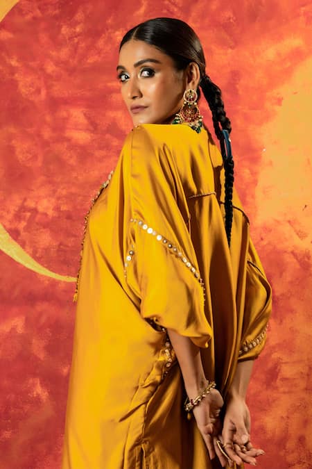 Buy Prahnaaya Yellow Velvet, Viscose Sequins, Beads, Embroidered Yoke Kurta With Straight Pant Buy_Prahnaaya_Yellow Velvet, Viscose Sequins, Beads, Embroidered Yoke Kurta With Straight Pant