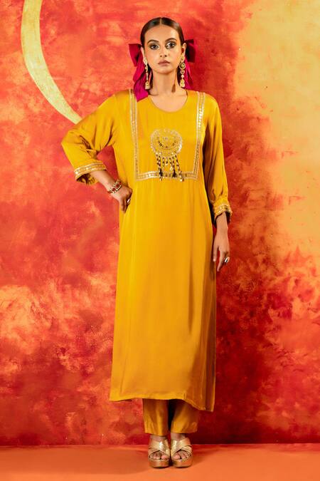 Prahnaaya Yellow Velour, Silk Organza Sequins, Pearls, Luna Embroidered Kurta And Pant Set Online at Aza Fashions Prahnaaya_Yellow Velour, Silk Organza Sequins, Pearls, Luna Embroidered Kurta And Pant Set _Online_at_Aza_Fashions