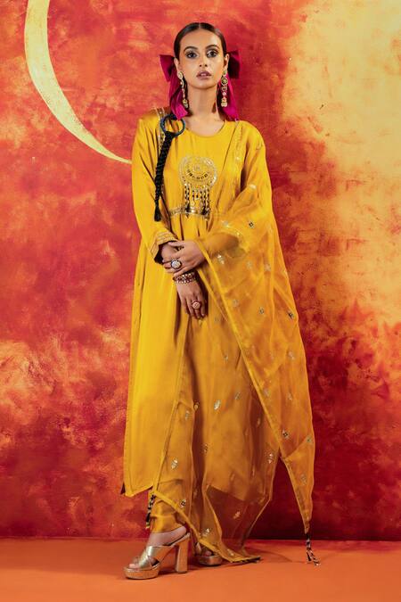 Shop Prahnaaya Yellow Velour, Silk Organza Sequins, Pearls, Luna Embroidered Kurta And Pant Set Online at Aza Fashions Shop_Prahnaaya_Yellow Velour, Silk Organza Sequins, Pearls, Luna Embroidered Kurta And Pant Set _Online_at_Aza_Fashions