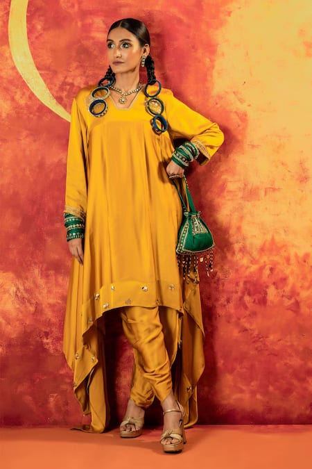 PRAHNAAYA Yellow Vegan Satin Embroidery Luna Sequin Asymmetric Kurta With Dhoti Pant 