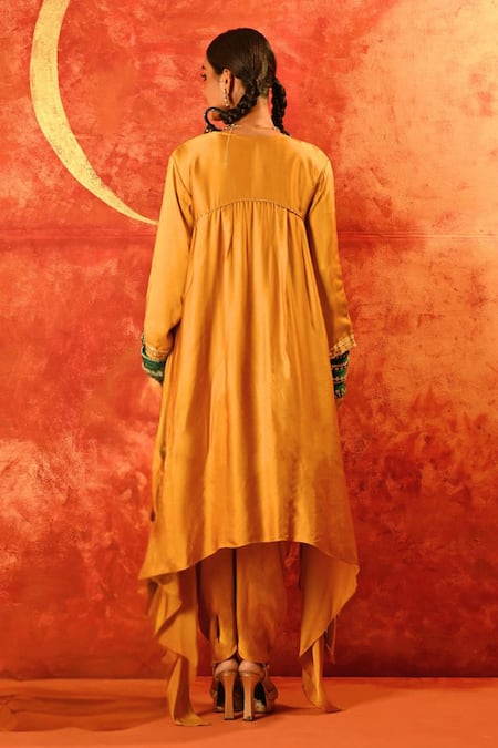 Shop Prahnaaya Yellow Velvet, Satin Sequins, Luna Embroidered Asymmetric Kurta With Dhoti Pant at Aza Fashions Shop_Prahnaaya_Yellow Velvet, Satin Sequins, Luna Embroidered Asymmetric Kurta With Dhoti Pant _at_Aza_Fashions