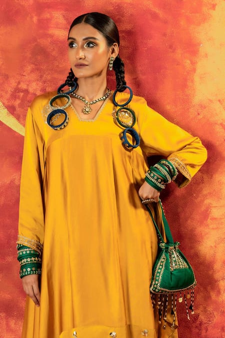 Prahnaaya Yellow Velvet, Satin Sequins, Luna Embroidered Asymmetric Kurta With Dhoti Pant Online at Aza Fashions Prahnaaya_Yellow Velvet, Satin Sequins, Luna Embroidered Asymmetric Kurta With Dhoti Pant _Online_at_Aza_Fashions
