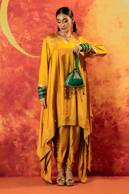 Buy Prahnaaya Yellow Velvet, Satin Sequins, Luna Embroidered Asymmetric Kurta With Dhoti Pant Online at Aza Fashions Buy_Prahnaaya_Yellow Velvet, Satin Sequins, Luna Embroidered Asymmetric Kurta With Dhoti Pant _Online_at_Aza_Fashions