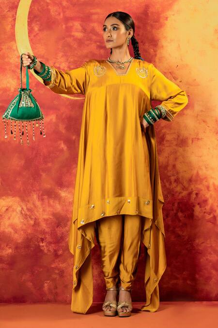 Shop Prahnaaya Yellow Velvet, Satin Sequins, Luna Embroidered Asymmetric Kurta With Dhoti Pant Online at Aza Fashions Shop_Prahnaaya_Yellow Velvet, Satin Sequins, Luna Embroidered Asymmetric Kurta With Dhoti Pant _Online_at_Aza_Fashions