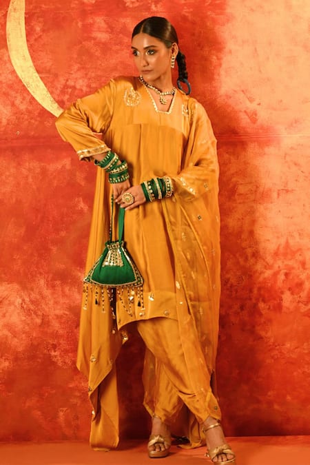 PRAHNAAYA Yellow Kurta And Dhoti Pant Vegan Satin Embroidery Sequin Asymmetric & Set 