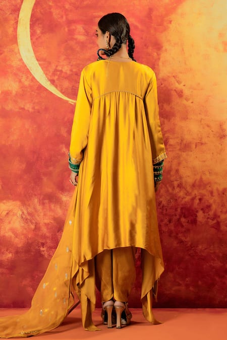 Shop Prahnaaya Yellow Silk Organza, Satin Luna Embroidered Asymmetric Kurta And Dhoti Pant Set at Aza Fashions Shop_Prahnaaya_Yellow Silk Organza, Satin Luna Embroidered Asymmetric Kurta And Dhoti Pant Set _at_Aza_Fashions