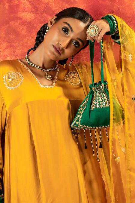 Shop Prahnaaya Yellow Silk Organza, Satin Luna Embroidered Asymmetric Kurta And Dhoti Pant Set Online at Aza Fashions Shop_Prahnaaya_Yellow Silk Organza, Satin Luna Embroidered Asymmetric Kurta And Dhoti Pant Set _Online_at_Aza_Fashions