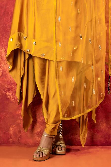 Prahnaaya Yellow Silk Organza, Satin Luna Embroidered Asymmetric Kurta And Dhoti Pant Set at Aza Fashions Prahnaaya_Yellow Silk Organza, Satin Luna Embroidered Asymmetric Kurta And Dhoti Pant Set _at_Aza_Fashions